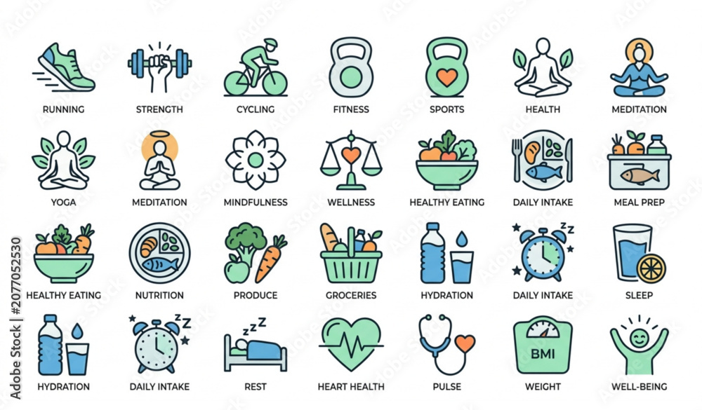Fototapeta premium Healthy Lifestyle Fitness and Wellness Editable Stroke Line Icons Vector Pack