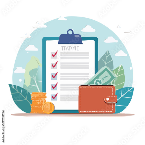 Financial planning checklist with wallet and coins illustration