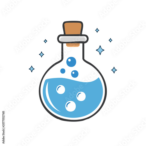 Flat cartoon potion bottle with blue liquid and sparkles