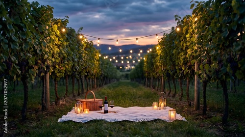 Romantic Twilight Vineyard Picnic with String Lights