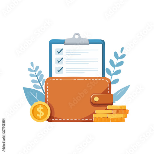 Wallet with money and checklist on clipboard, flat vector illustration