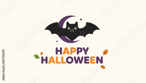 Halloween themed graphic featuring a cute bat flying in front of a purple crescent moon with happy halloween text.
