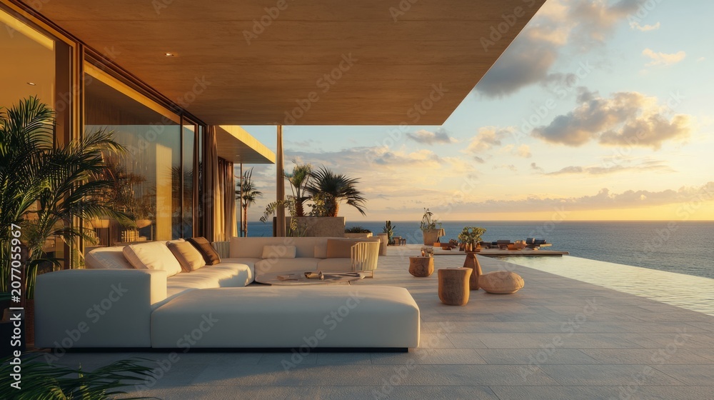 Fototapeta premium Oceanfront terrace, modern lounge furniture, endless sea backdrop, golden hour light generative ai