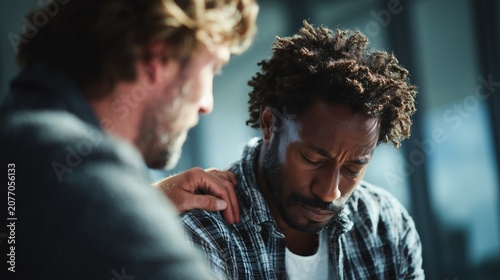 Friend offering comforting support to upset man, hand on shoulder, showing empathy and compassion during difficult times, mental health care concept