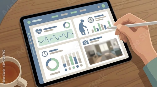 Digital health dashboard display on tablet with stylus and coffee