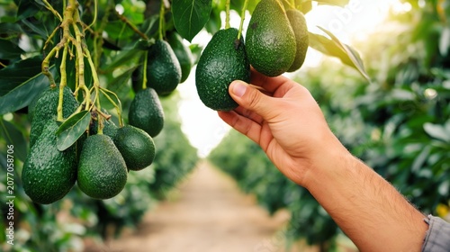 Hand picking fresh organic avocados growing on a tree branch in an agricultural farm field at sunset, cultivating healthy natural food harvest