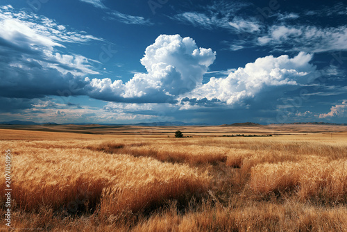 golden wheat fields under bright sunlight, blue sky with fluffy clouds, photorealistic landscape photography.