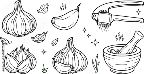 Tableau sur toile Garlic bulb and clove icon set with metallic press crusher wooden mortar pestle