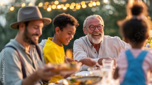 Multi-generational diverse family enjoying an outdoor summer evening dinner, celebrating togetherness and sharing happy laughter during a garden party meal