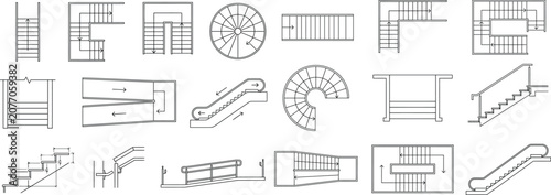 Staircase CAD symbol set. architectural stair and railing blocks for floor plans, construction drawings and building layout plans