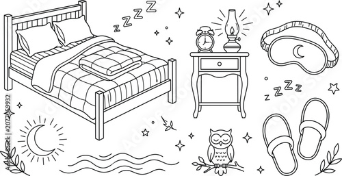Schilderij op canvas Healthy sleep and bedroom icon set with wooden bed nightstand mask slippers oil