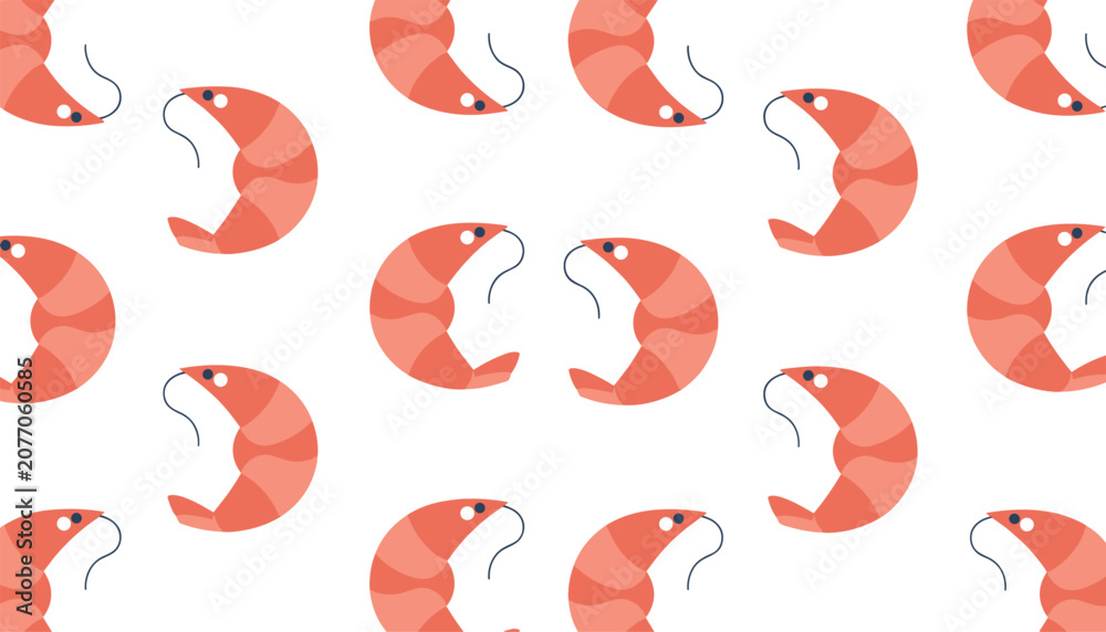 Fototapeta premium Fresh pink prawns form a seamless seafood pattern on a white background suitable for restaurant menu designs.