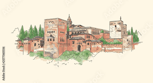Watercolor and ink line art illustration of the Alhambra Palace and Alcazaba fortress in Granada, Andalusia, Spain, featuring medieval Moorish stone towers and green cypress trees.
