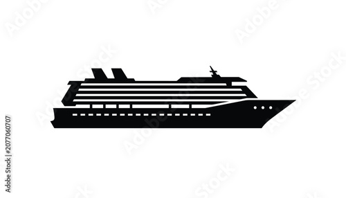Large passenger cruise ship is rendered as a clean black silhouette on a white background for travel concepts.