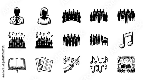 Schilderij op canvas Choir Performance Icons: Singing, Music, Orchestra, Conductor, Sheet Music, Pian