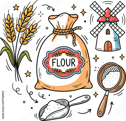 Bakery and wheat farming doodle vector illustration for food industry
