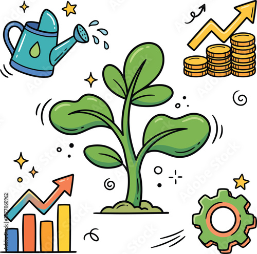 Business growth and plant development doodle vector illustration set