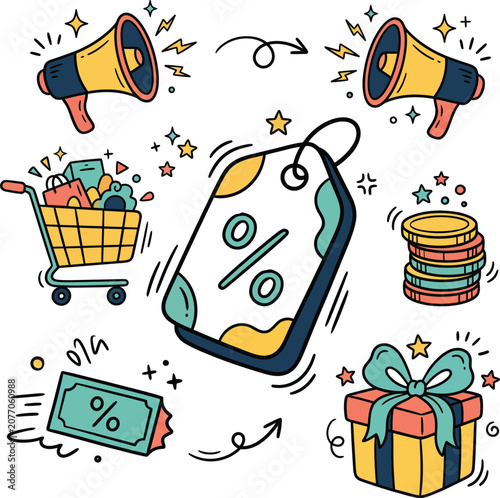 Online shopping and retail sales doodle vector illustration set