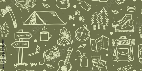 Billede på lærred Hand drawn camping and outdoor adventure seamless pattern with tent