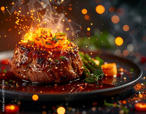A savory dish on fire with steam and sparks