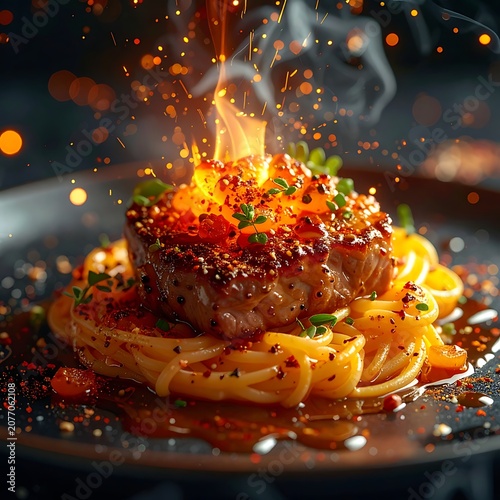 A savory dish with a seared protein on noodles