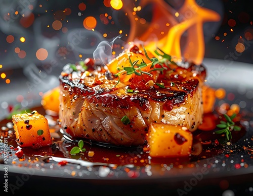 A savory dish with flames and herbs
