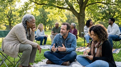 Diverse group of adults enjoying conversation and connection outdoors in a park setting