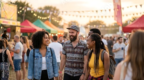 Diverse group of friends enjoy outdoor festival with food stalls and lights