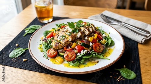 Fresh Mediterranean bowl with grilled vegetables and herbs on wooden table top view