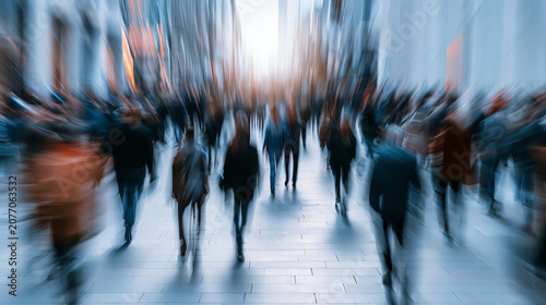 An abstract depiction of a busy street filled with blurred human silhouettes, conveying motion and urban life.