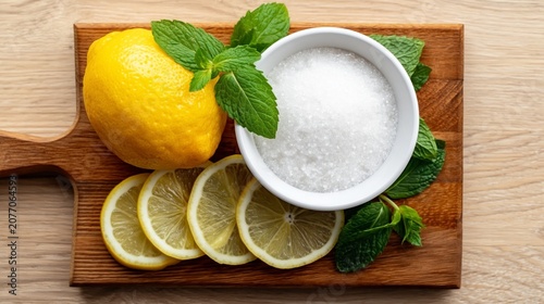 Fresh lemons, vibrant mint leaves, and a bowl of granulated white sugar arranged on a rustic wooden cutting board, preparing ingredients for a refreshing drink