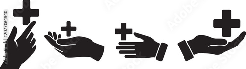 Medical cross icons held in human hands representing healthcare support and patient wellness and first aid