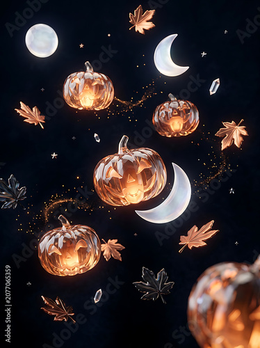 glowing jack o lanterns floating in a spooky night sky