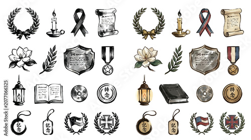 Photos Collection of Vintage Military and Memorial Symbols Including Medals, Ribbons, and Laurel Wreaths