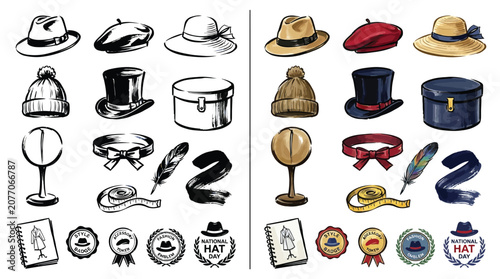 Obraz na plátně Collection of various hats and hat-related accessories, including sketches and watercolor illustrations