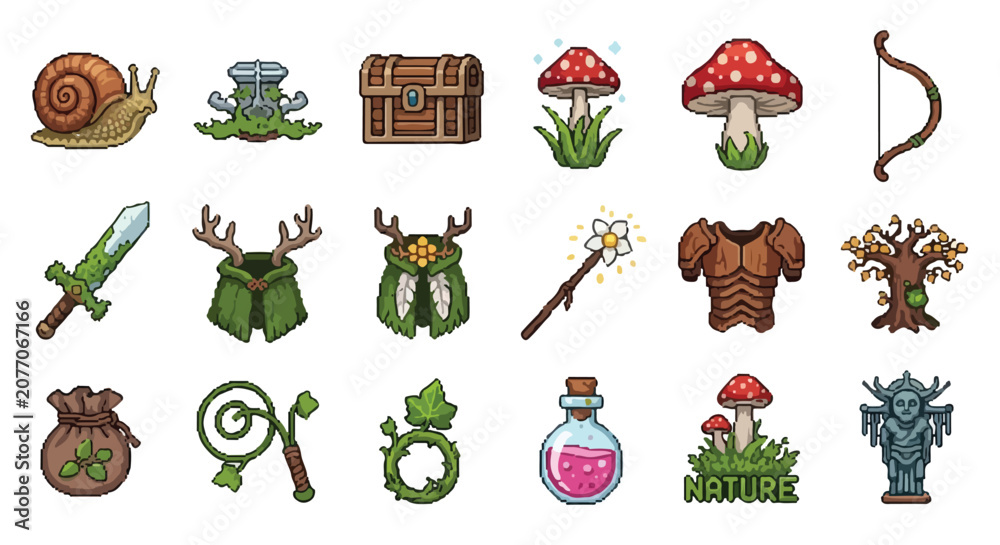 Fototapeta premium A collection of nature-themed fantasy RPG icons, featuring magical gear, equipment, plants, and creatures in a detailed hand-drawn vector style.
