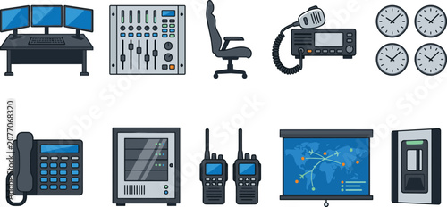 Obraz na płótnie Air Traffic Control Equipment and Communication Icon Set with Radar Console, Rad