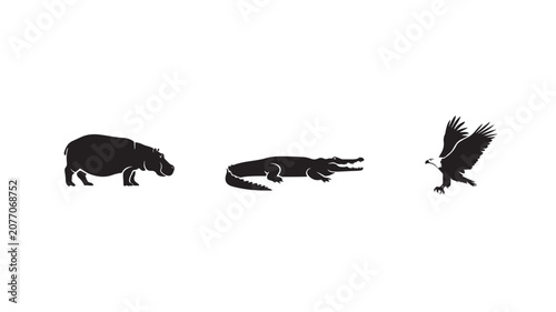 Hippo Crocodile Eagle Wildlife Silhouette Icon Set