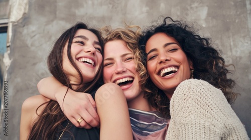 Three happy diverse women best friends embracing, laughing out loud together, showing genuine joy and friendship with bright smiles against a neutral background