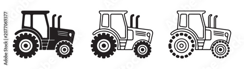 Konstfotografi Tractor icon collection with agricultural machinery silhouette and outline designs for farm vehicle concept