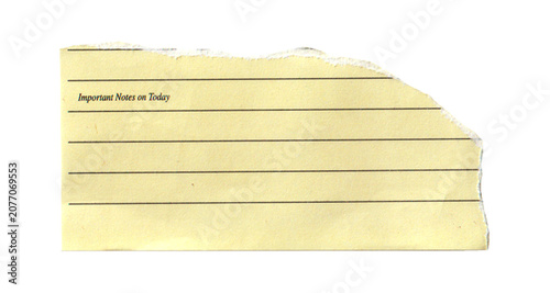Torn yellow lined notebook paper piece with important notes on today text isolated on transparent background.