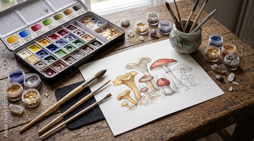 Watercolor painting of various wild mushrooms on a wooden art studio table with watercolor, painting