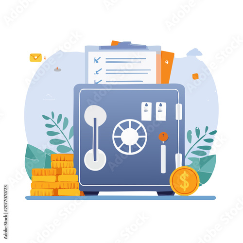 Flat illustration of a safe with money and documents