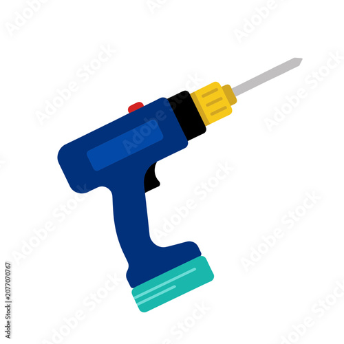 Flat vector illustration of a cordless drill with drill bit