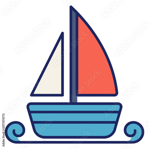Flat vector illustration of a sailboat with red and white sails