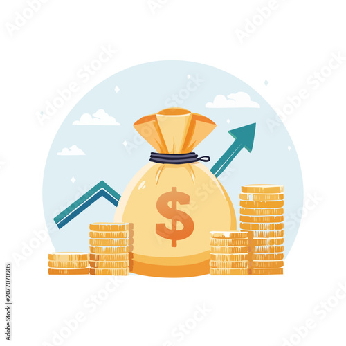 Money bag with coins and financial growth chart illustration