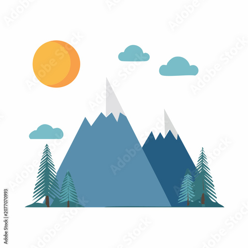 Stylized Mountain Landscape with Sun and Clouds