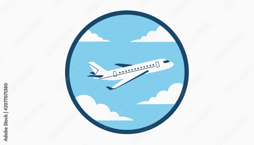 Fototapeta premium Jet airplane flying high in a blue sky filled with fluffy white clouds, enclosed in a dark blue circular frame against a white background.