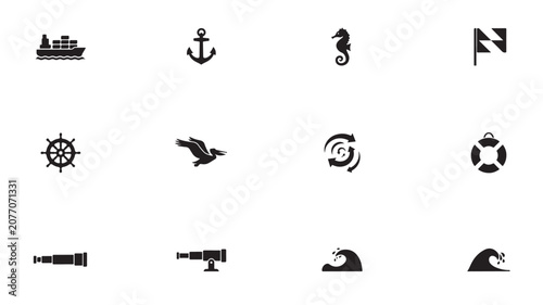 Nautical Icon Set Flat Vector Marine Sea Symbols Collection