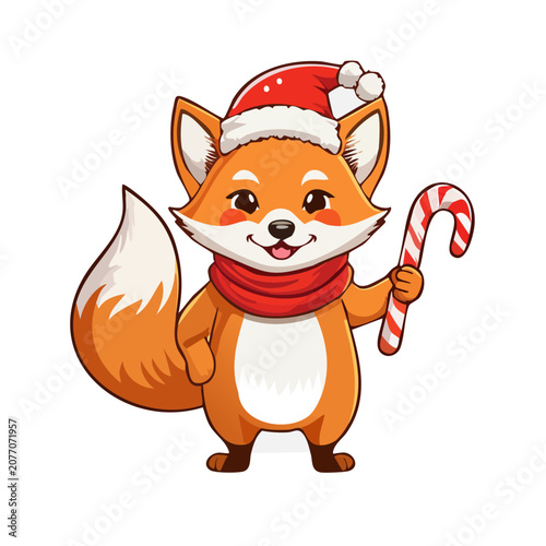 Cartoon Fox in Santa Hat Holding Candy Cane